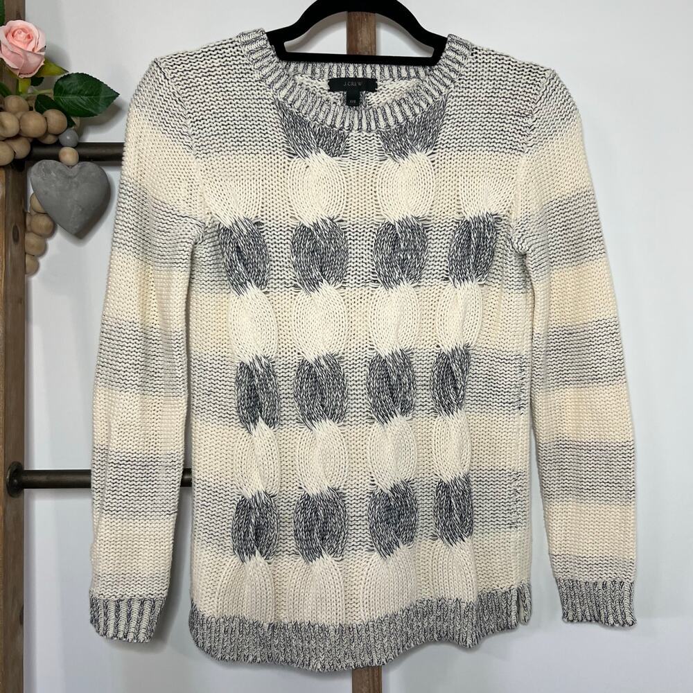 J Crew Long Sleeve Crew Neck ‎ Ivory Navy Marbled Knit Cotton Sweater Size XXS - Picture 2 of 8